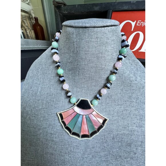 Vintage LEE SANDS Abalone Shell Inlay Fan Shape Statement Necklace Rose Quartz J - Picture 5 of 6